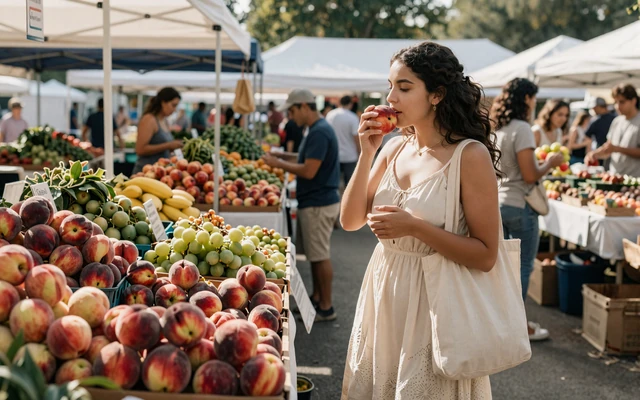 Saturday farmers market with shoppers browsing fresh produce, classic local meet-cute setting
