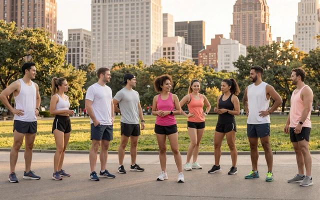 Diverse run club group socializing after a Saturday morning run in a city park