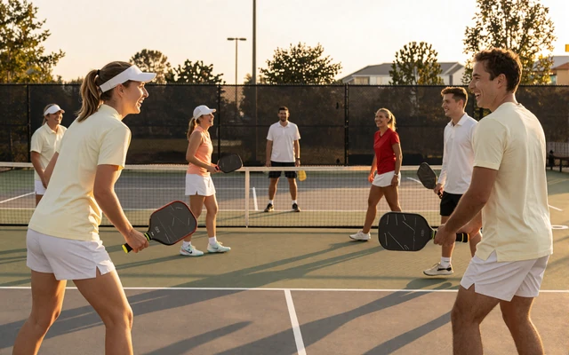 Mixed-doubles pickleball group laughing between points on a sunny afternoon court