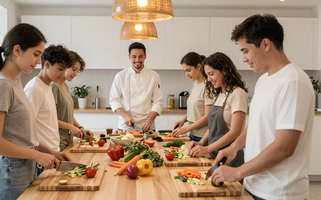 Small community cooking class with diverse adults preparing a meal together at a shared kitchen island
