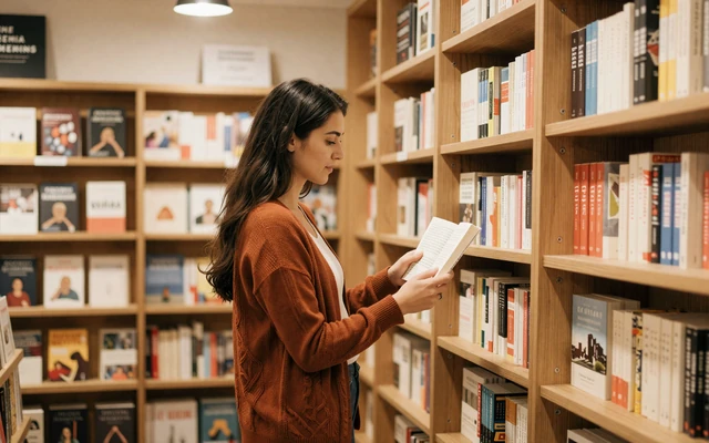 Woman browsing paperbacks in a warm independent bookstore on a quiet afternoon